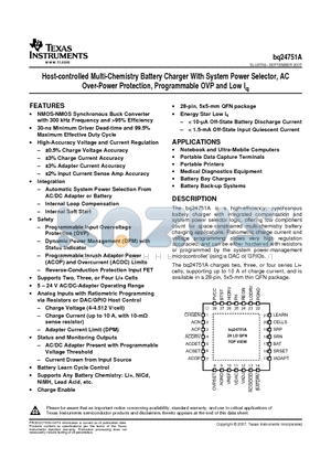 BQ24751ARHDT datasheet - Host-controlled Multi-Chemistry Battery Charger With System Power Selector, AC Over-Power Protection, Programmable OVP and Low Iq