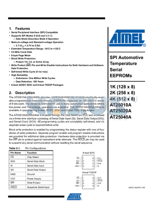 AT25010A datasheet - SPI Automotive Temperature Serial EEPROMs