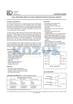 ALD2302APAL datasheet - DUAL PRECISION CMOS VOLTAGE COMPARATOR WITH PUSH-PULL DRIVER