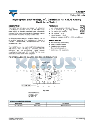 DG2707_11 datasheet - High Speed, Low Voltage, 3ohm , Differential 4:1 CMOS Analog Multiplexer/Switch