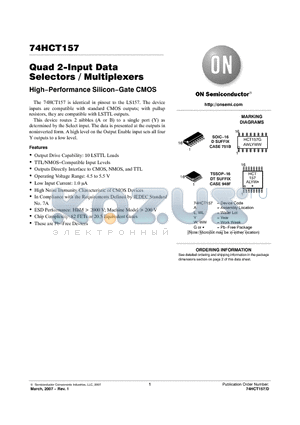 74HCT157 datasheet - Quad 2−Input Data Selectors / Multiplexers High−Performance Silicon−Gate CMOS