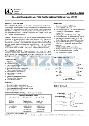 ALD2302PAL datasheet - DUAL PRECISION CMOS VOLTAGE COMPARATOR WITH PUSH-PULL DRIVER