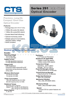 291C4020F600AA datasheet - Precision, Long-life Compact 12mm Size Optical Encoder