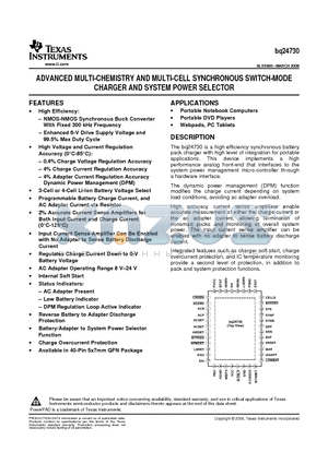 BQ24730RGFT datasheet - ADVANCED MULTI-CHEMISTRY AND MULTI-CELL SYNCHRONOUS SWITCH-MODE CHARGER AND SYSTEM POWER SELECTOR