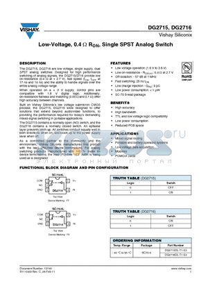 DG2715DL-T1-E3 datasheet - Low-Voltage, 0.4ohm RON, Single SPST Analog Switch