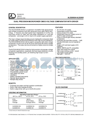 ALD2303ADA datasheet - DUAL PRECISION MICROPOWER CMOS VOLTAGE COMPARATOR WITH DRIVER