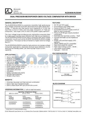 ALD2303ADA datasheet - DUAL PRECISION MICROPOWER CMOS VOLTAGE COMPARATOR WITH DRIVER