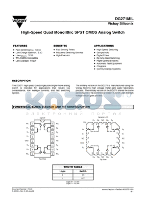 DG271MIL datasheet - High-Speed Quad Monolithic SPST CMOS Analog Switch
