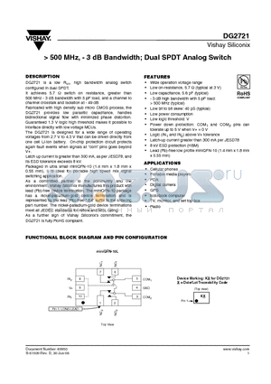 DG2721 datasheet - 500 MHz, - 3 dB Bandwidth; Dual SPDT Analog Switch