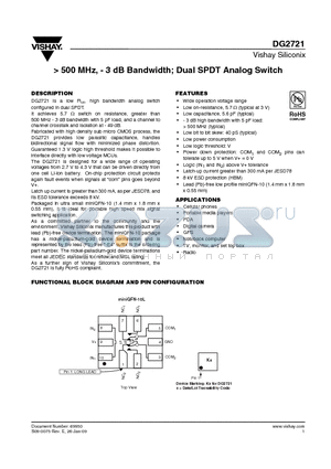 DG2721_09 datasheet - 500 MHz, - 3 dB Bandwidth; Dual SPDT Analog Switch