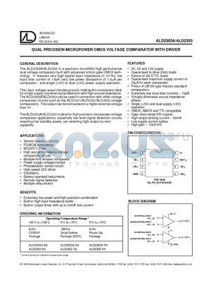 ALD2303SA datasheet - DUAL PRECISION MICROPOWER CMOS VOLTAGE COMPARATOR WITH DRIVER