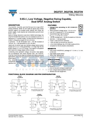 DG2727 datasheet - 0.65-ohm, Low Voltage, Negative Swing Capable, Dual SPST Analog Switch