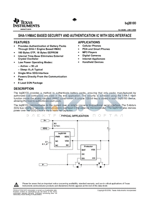 BQ26100 datasheet - SHA-1/HMAC BASED SECURITY AND AUTHENTICATION IC WITH SDQ INTERFACE