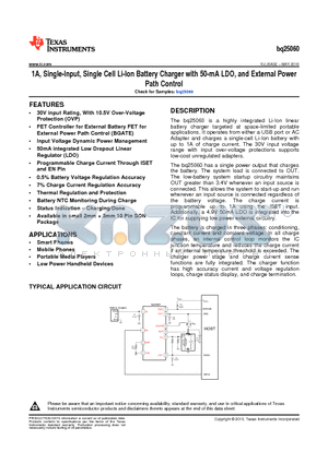 BQ25060_1 datasheet - 1A, Single-Input, Single Cell Li-Ion Battery Charger with 50-mA LDO, and External Power Path Control