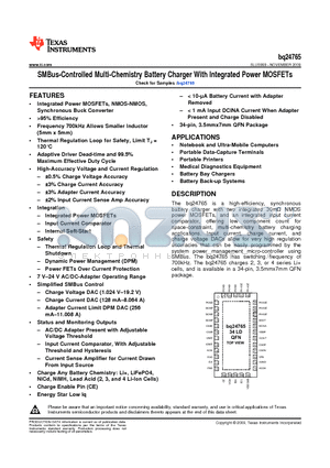 BQ24765 datasheet - SMBus-Controlled Multi-Chemistry Battery Charger With Integrated Power MOSFETs