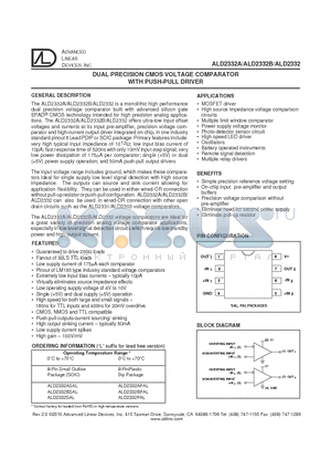 ALD2332BPAL datasheet - DUAL PRECISION CMOS VOLTAGE COMPARATOR WITH PUSH-PULL DRIVER