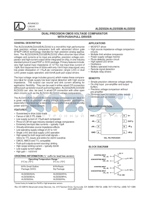 ALD2332PAL datasheet - DUAL PRECISION CMOS VOLTAGE COMPARATOR WITH PUSH-PULL DRIVER