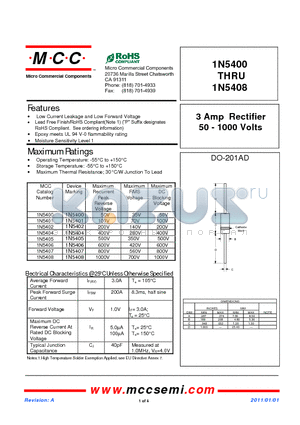 1N5405 datasheet - 3 Amp Rectifier 50 - 1000 Volts