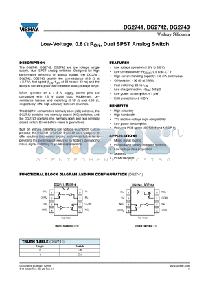 DG2743 datasheet - Low-Voltage, 0.8ohm RON, Dual SPST Analog Switch