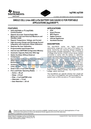 BQ27200 datasheet - SINGLE CELL Li-Ion AND Li-Pol BATTERY GAS GAUGE IC FOR PORTABLE APPLICATIONS (bqJUNIOR)