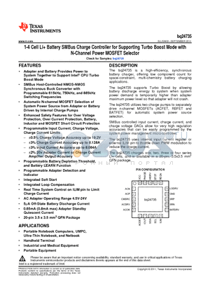 BQ24735 datasheet - 1-4 Cell Li Battery SMBus Charge Controller for Supporting Turbo Boost Mode with N-Channel Power MOSFET Selector