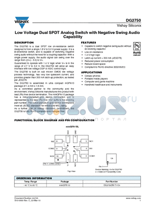 DG2750 datasheet - Low Voltage Dual SPDT Analog Switch with Negative Swing Audio Capability