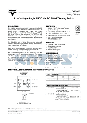 DG3000DB-T1 datasheet - Low-Voltage Single SPDT MICRO FOOT^Analog Switch