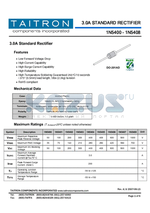 1N5406 datasheet - 3.0A STANDARD RECTIFIER