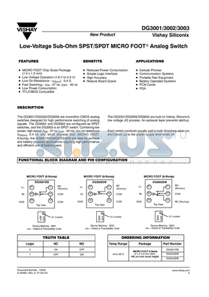 DG3001 datasheet - Low-Voltage Sub-Ohm SPST/SPDT MICRO FOOT  Analog Switch