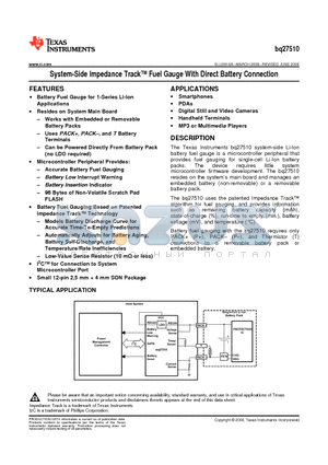 BQ27510DRZR datasheet - System-Side Impedance Track Fuel Gauge With Direct Battery Connection