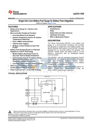 BQ27541-V200 datasheet - Single Cell Li-Ion Battery Fuel Gauge for Battery Pack Integration