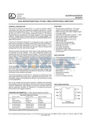 ALD2701ADA datasheet - DUAL MICROPOWER RAIL-TO-RAIL CMOS OPERATIONAL AMPLIFIER