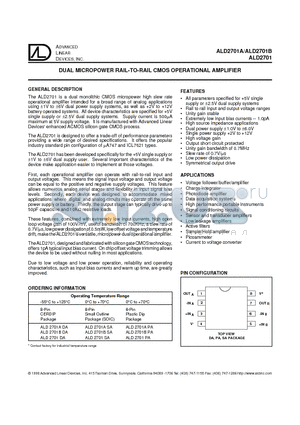 ALD2701BPA datasheet - DUAL MICROPOWER RAIL-TO-RAIL CMOS OPERATIONAL AMPLIFIER