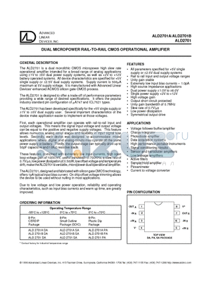 ALD2701BDA datasheet - DUAL MICROPOWER RAIL-TO-RAIL CMOS OPERATIONAL AMPLIFIER