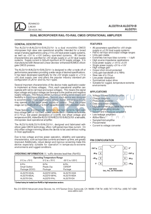 ALD2701BPAL datasheet - DUAL MICROPOWER RAIL-TO-RAIL CMOS OPERATIONAL AMPLIFIER