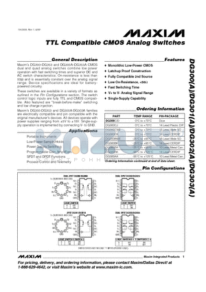 DG301ABWE datasheet - TTL Compatible CMOS Analog Switches