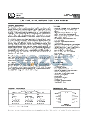 ALD2702 datasheet - DUAL 5V RAIL-TO-RAIL PRECISION OPERATIONAL AMPLIFIER