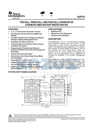 BQ29312A datasheet - TWO-CELL, THREE-CELL, AND FOUR-CELL LITHIUM-ION OR LITHIUM-POLYMER BATTERY PROTECTION AFE
