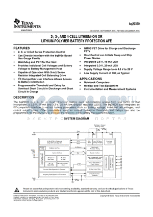 BQ29330 datasheet - 2-,3-,AND 4-CELL LITHIUM-ION OR LITHIUM-POLYMER BATTERY PROTECTION AFE