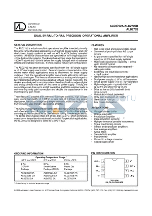 ALD2702BDA datasheet - DUAL 5V RAIL-TO-RAIL PRECISION OPERATIONAL AMPLIFIER