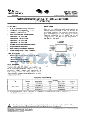 BQ29400 datasheet - VOLTAGE PROTECTION FOR 2-, 3-, OR 4-CELL Lion BATTERIES