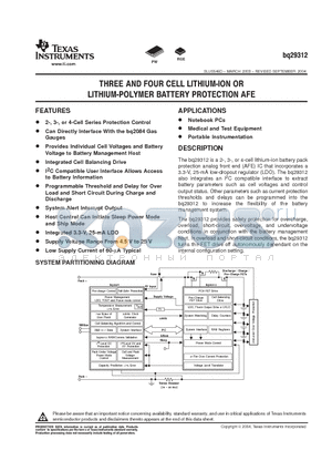 BQ29312RGER datasheet - THREE AND FOUR CELL LITHIUM-LON ORLITHIUM-POLYMER BATTERY PROTECTION AFE