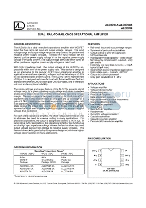 ALD2704ADA datasheet - DUAL RAIL-TO-RAIL CMOS OPERATIONAL AMPLIFIER