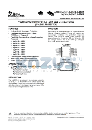 BQ29410DCT3RE6 datasheet - VOLTAGE PROTECTION FOR 2-, 3-, OR 4-CELL Li-Ion BATTERIES (2nd-LEVEL PROTECTION)