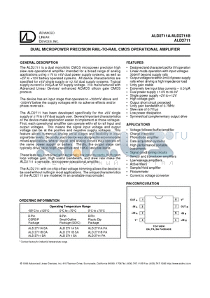 ALD2711A datasheet - DUAL MICROPOWER PRECISION RAIL TO RAIL CMOS OPERATIONAL AMPLIFIER