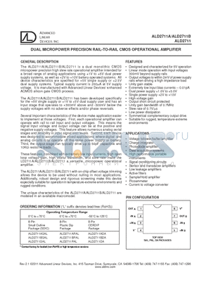 ALD2711ADA datasheet - DUAL MICROPOWER PRECISION RAIL-TO-RAIL CMOS OPERATIONAL AMPLIFIER