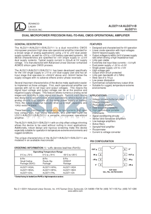 ALD2711B datasheet - DUAL MICROPOWER PRECISION RAIL-TO-RAIL CMOS OPERATIONAL AMPLIFIER