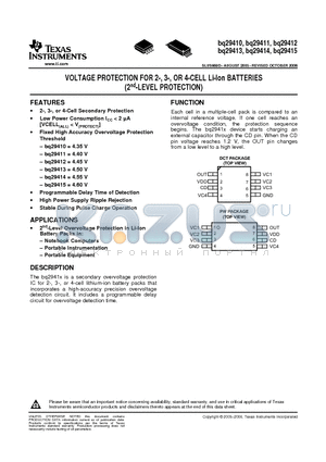 BQ29412DCTTG4 datasheet - VOLTAGE PROTECTION FOR 2-, 3-, OR 4-CELL Li-Ion BATTERIES (2nd-LEVEL PROTECTION)