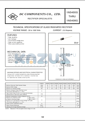 1N5407G datasheet - TECHNICAL SPECIFICATIONS OF GLASS PASSIVATED RECTIFIER