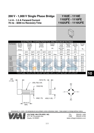 1102FE datasheet - 200 V - 1,000 V Single Phase Bridge 1.4 A - 1.5 A Forward Current 70 ns - 3000 ns Recovery Time